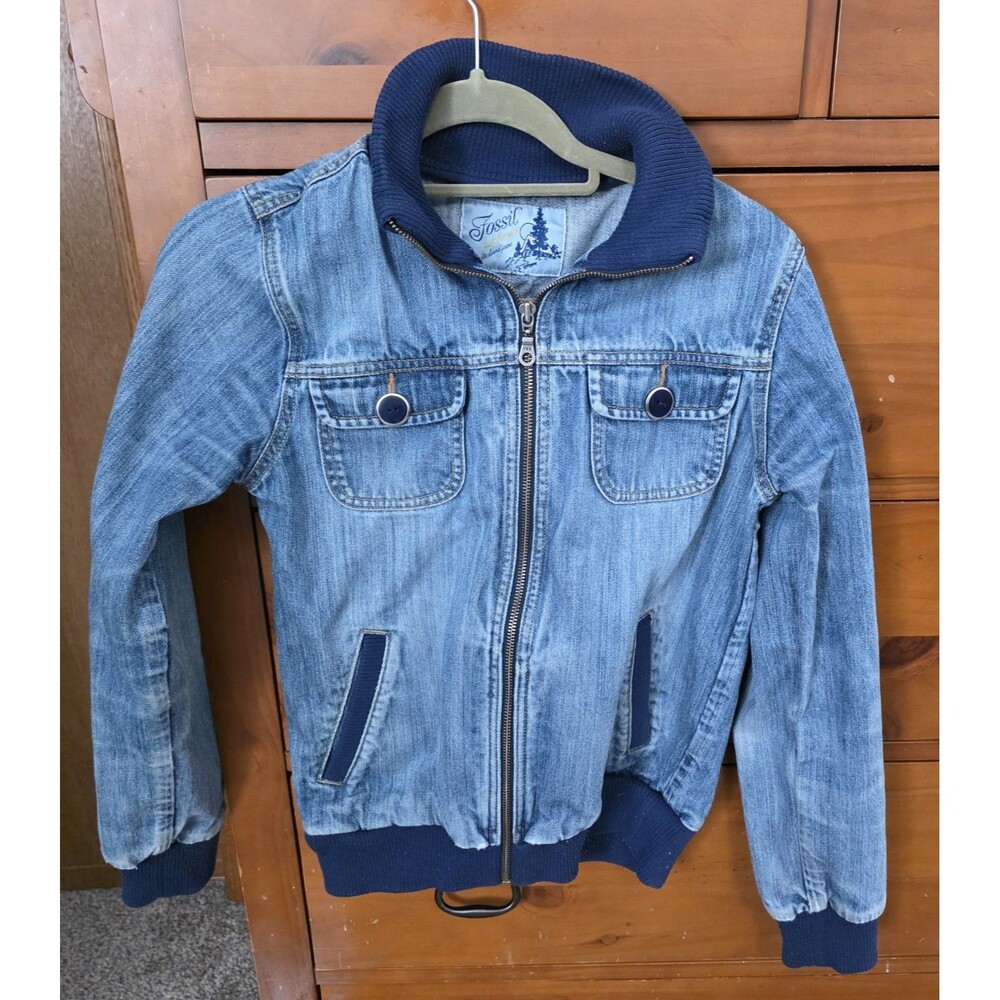 FOSSIL Denim Jacket Size Medium Zip Up Blue Sweater Collar Cuffs 90's